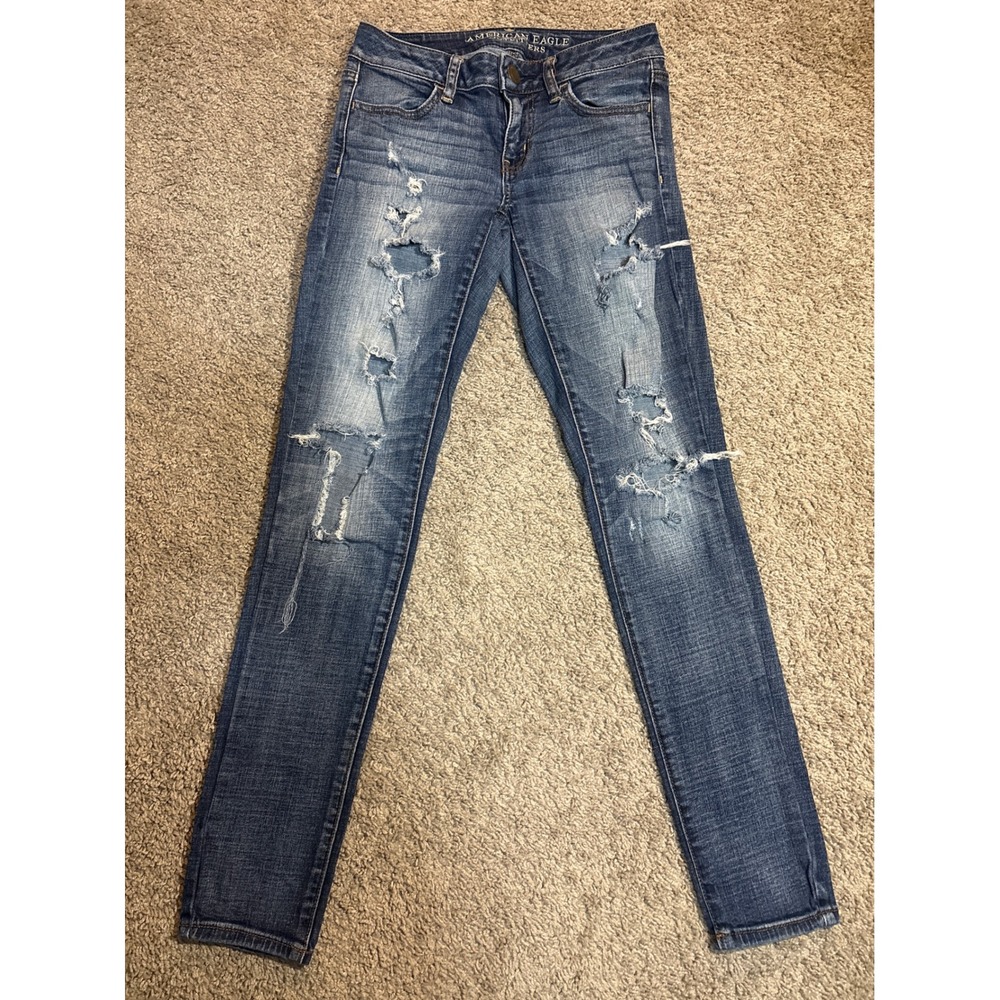 American Eagle Super Stretch Jegging Jeans Womens 2 Distressed Ripped Wash